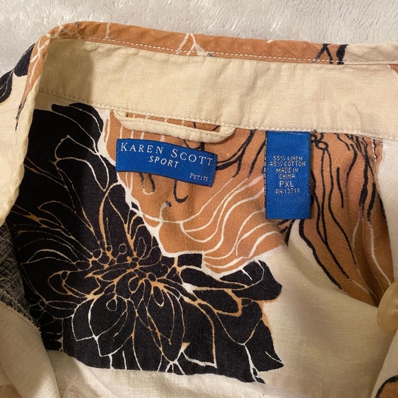 Vintage Karen Scott sport petite floral tan, cream, and black button up XL - Picture 6 of 8